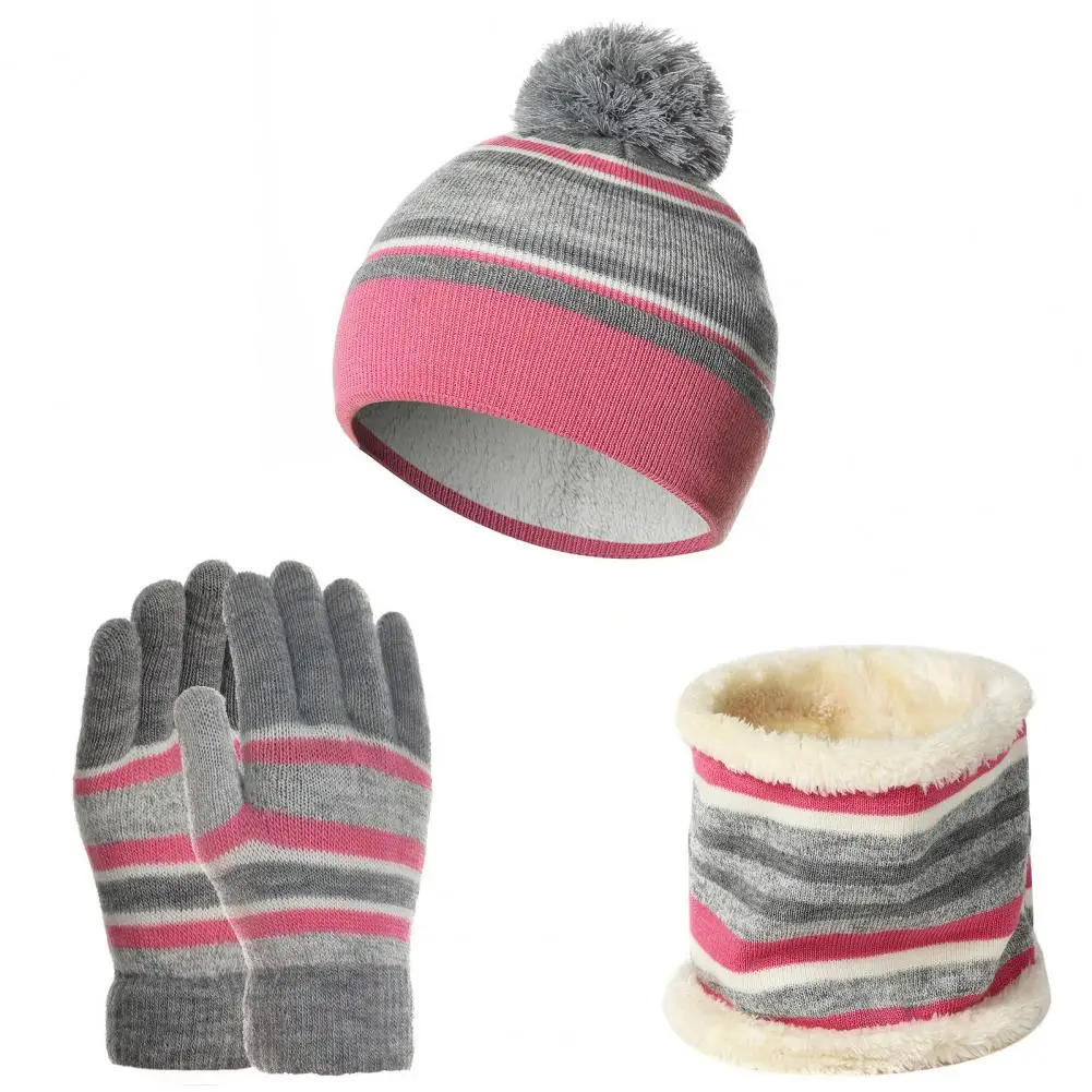 Conjunto de guantes elásticos para niños, gorro de punto grueso, bufanda, suave, a rayas, para otoño e invierno, 1 Juego