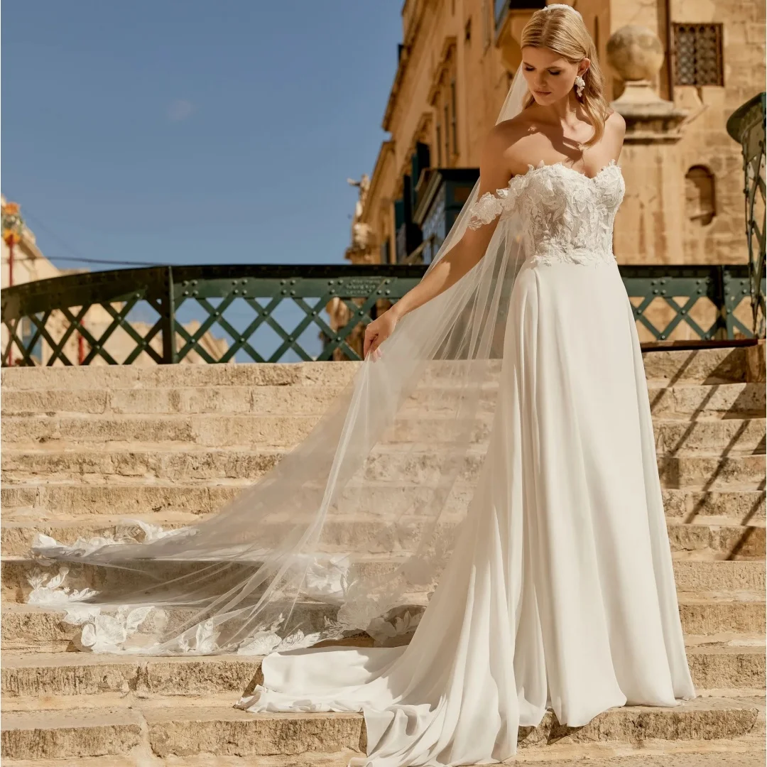 

Gorgeous Off the Shoulder Chiffon Wedding Dresses Elegant Sweetheart Corset Backless Engagement Dress Marriage Party Long Gowns