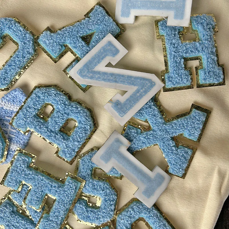 1Pc  5.5cm Light blue letter Thickening Chenille Patches Stick on Appliques For DIY Summer Style t-shit Clothings