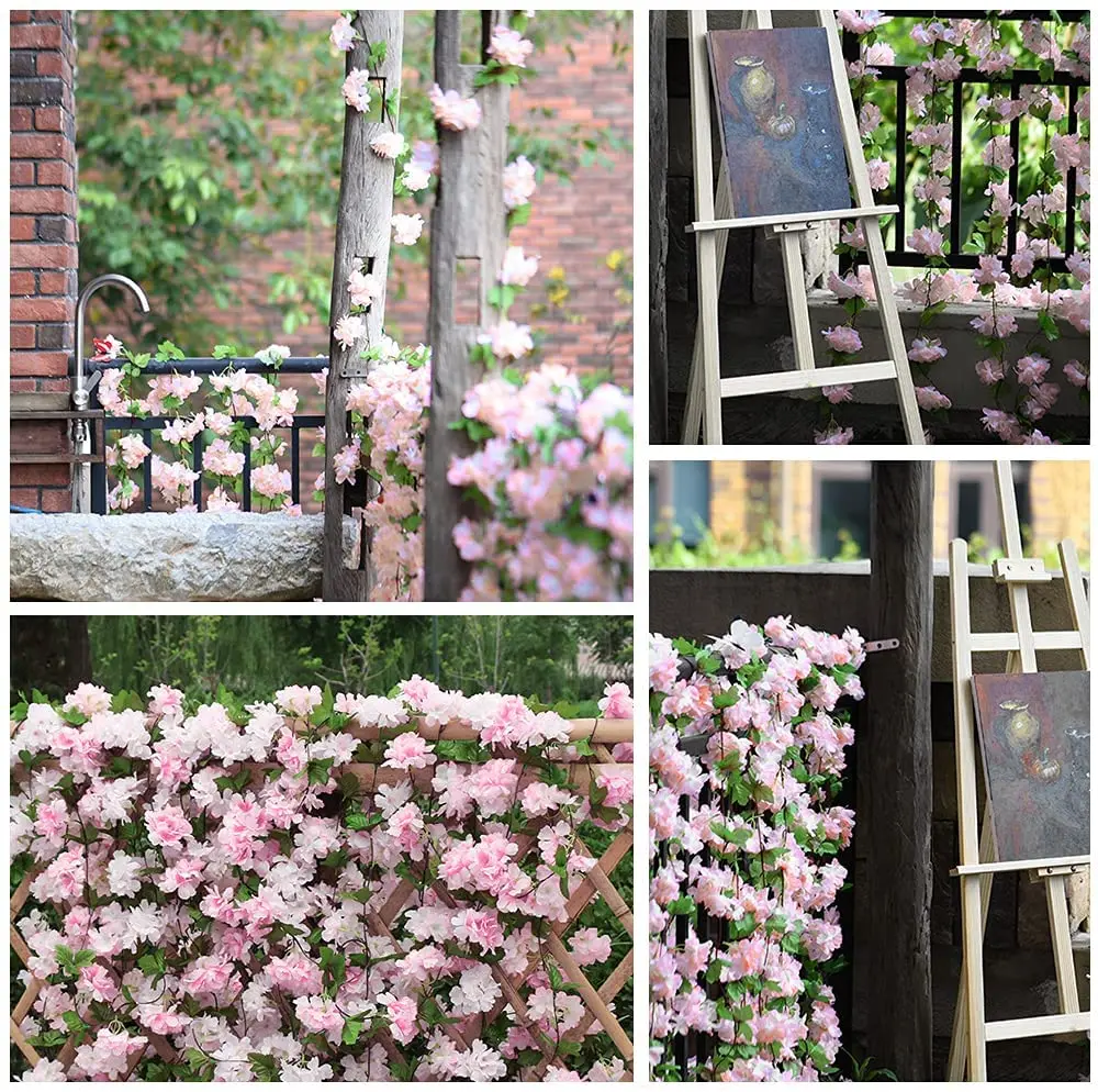 Artificial Cherry Blossom Flowers Garland Silk Pink Sakura Vine Lvy For Wedding Arch Party Home Garden Hanging Decor Fake Plants
