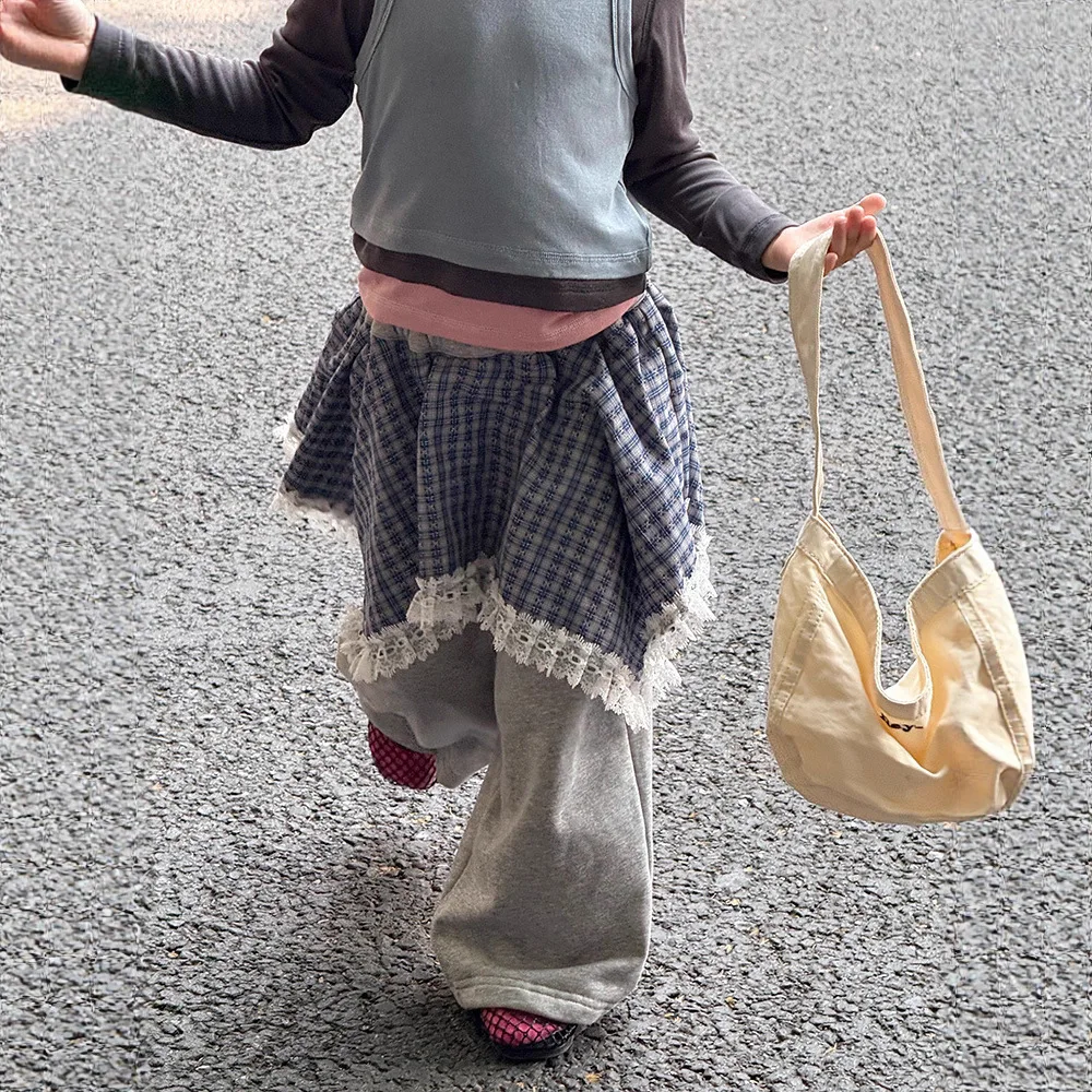 

2025 Autumn New Plaid Lace Trim Trousers for Girls