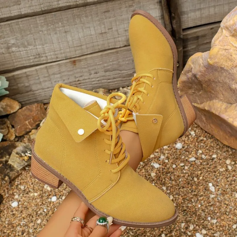 2026 Fashion Women's Ankle Boots Yellow Side Zip Lace Up Women Shoes New  Pointed Low Heels Boots