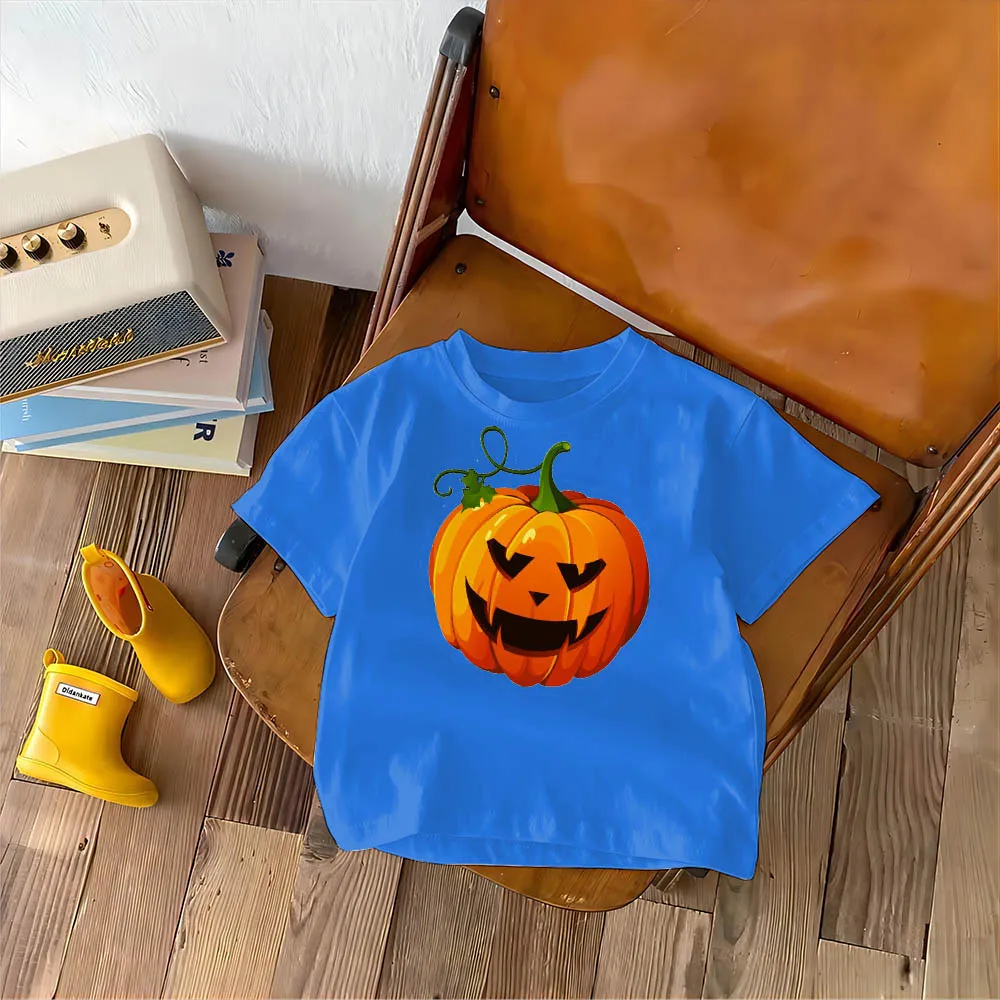 T-shirt estiva in puro cotone per bambini di Halloween Cartoon stampato zucca ragazzi e ragazze bambini sciolti e comodi per il tempo libero