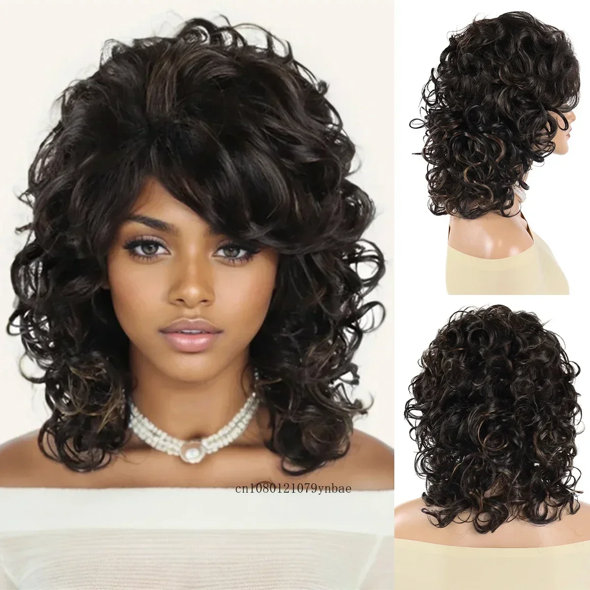 

Синтетические смешанные коричневые парики для чернокожих женщин, короткий большой вьющийся парик в стиле ретро с челкой, пушистые термостойкие винтажные волосы, повседневный костюм