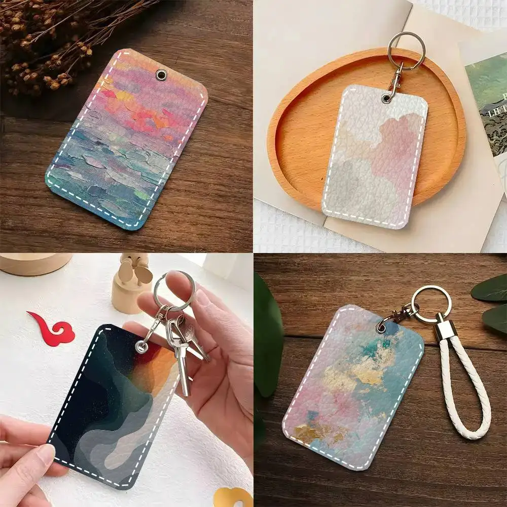 Colorful Clouds Card Case Keychain Access Card Bag Key Tag Ring Leather Card Holder Key Ring Access