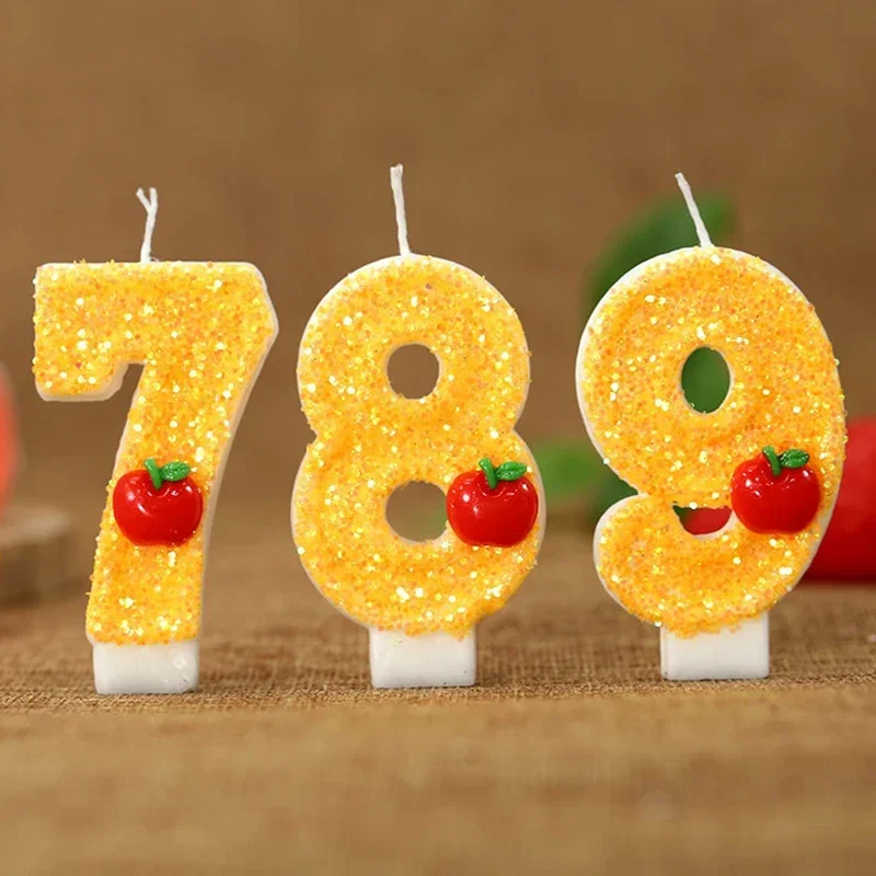 0-9 Number Cake Candle Apple Birthday Cake Decoration Children's Birthday Candles for Christmas Yellow Candles Sparkling Apple