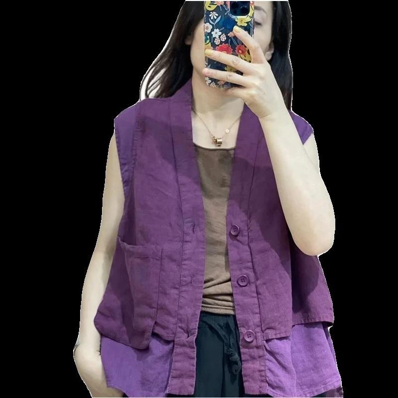 Abbigliamento da lavoro in lino di colore puro V-Ne casual di inizio autunno Jaet plus Size Gilet da donna con design Faion Top Abbigliamento a strati