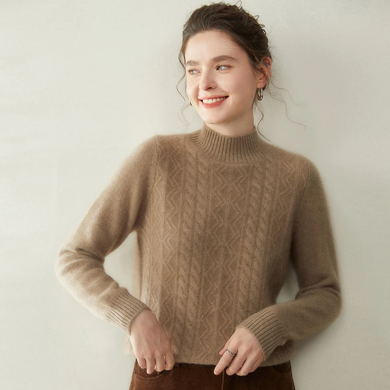 

Winter New 100%Cashmere Jacquard Sweater Women Semi-High Neck Loose Knitted Pullover Solid Color Twist Thick Tops High-End Shirt