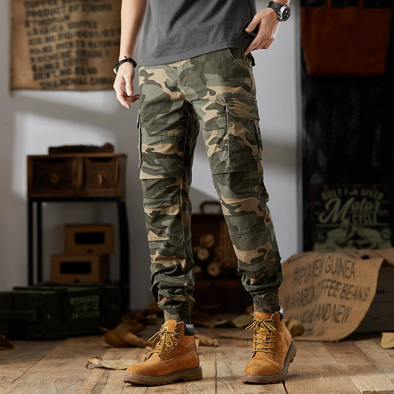 KSTUN Men Camouflage Cargo Pants, Tapered Slim Fit, American Style, Stretchy Front Pleated Design, Outdoor Hiking Trousers