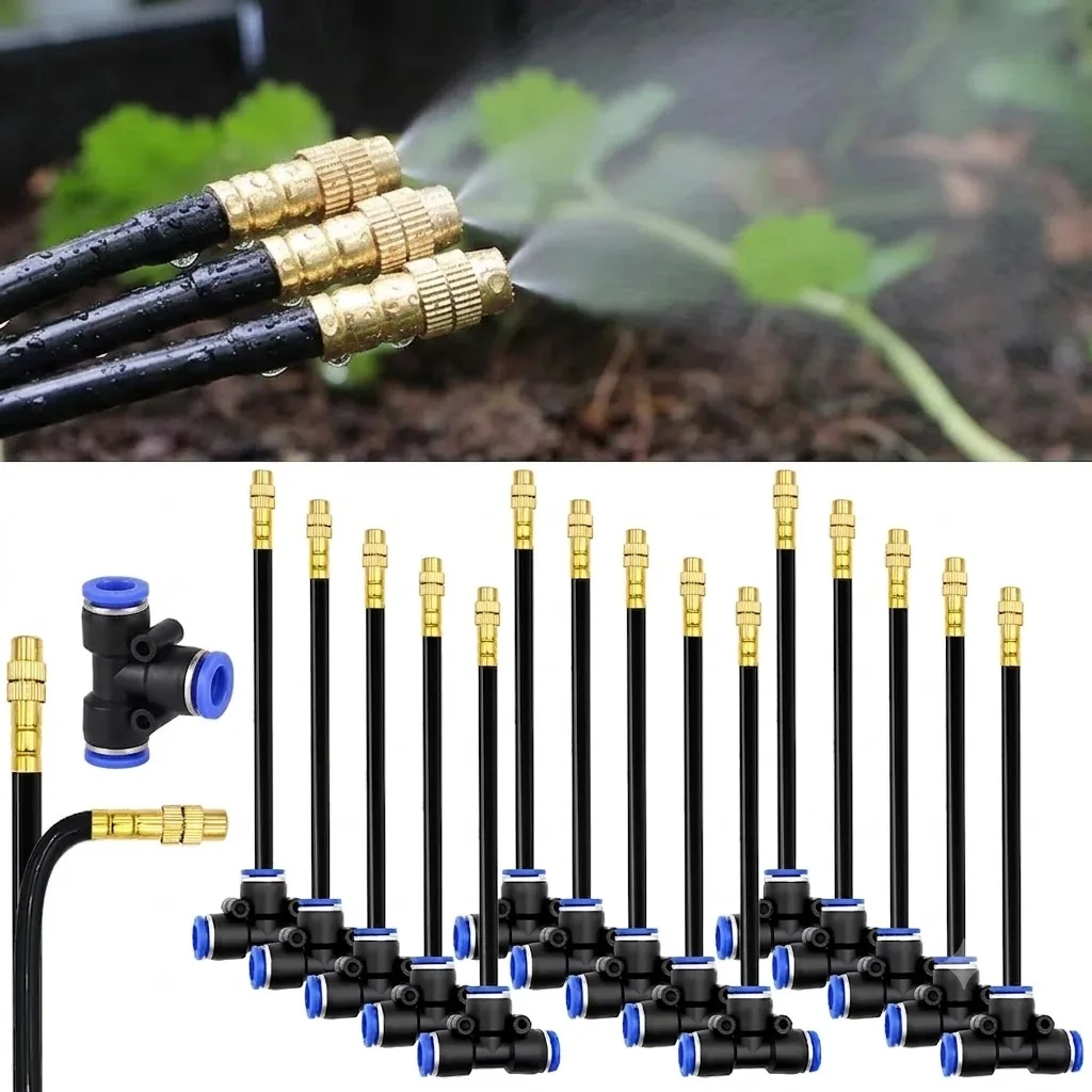 Yellow Copper Mist Nozzle 8mm Straight Push Lock Joint 20-5Pcs Free Bending Garden Watering Humidification Sprayer Kit