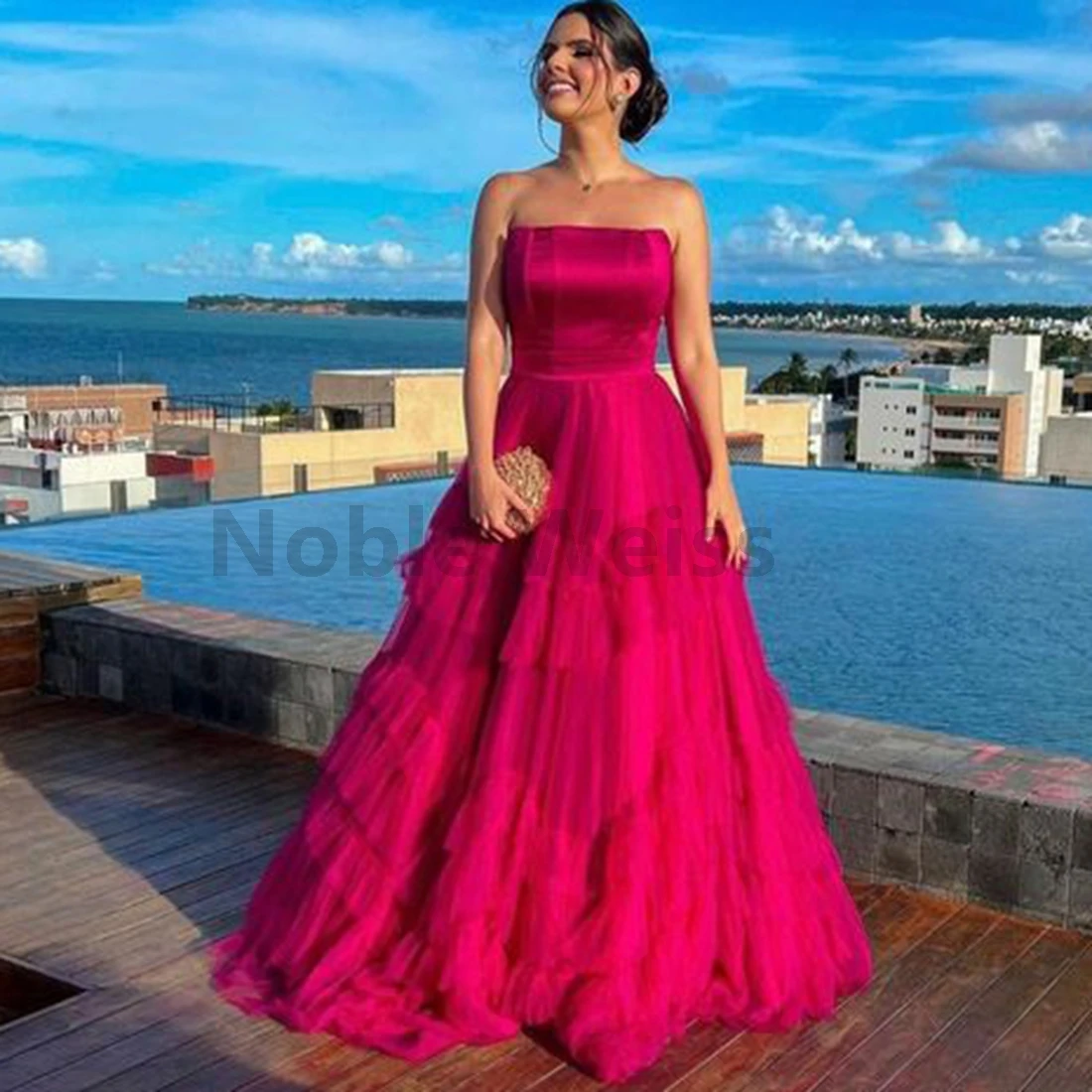 

Плиссированное вечернее платье из тюля без бретелек, многоуровневое вечернее платье для выпускного вечера для женщин на заказ