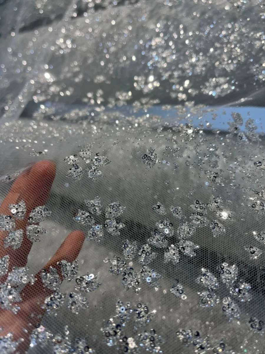

Snowflake crystal sequins, fine sparkling transparent mesh, DIY dress fabric, wedding dress fabric, fabric