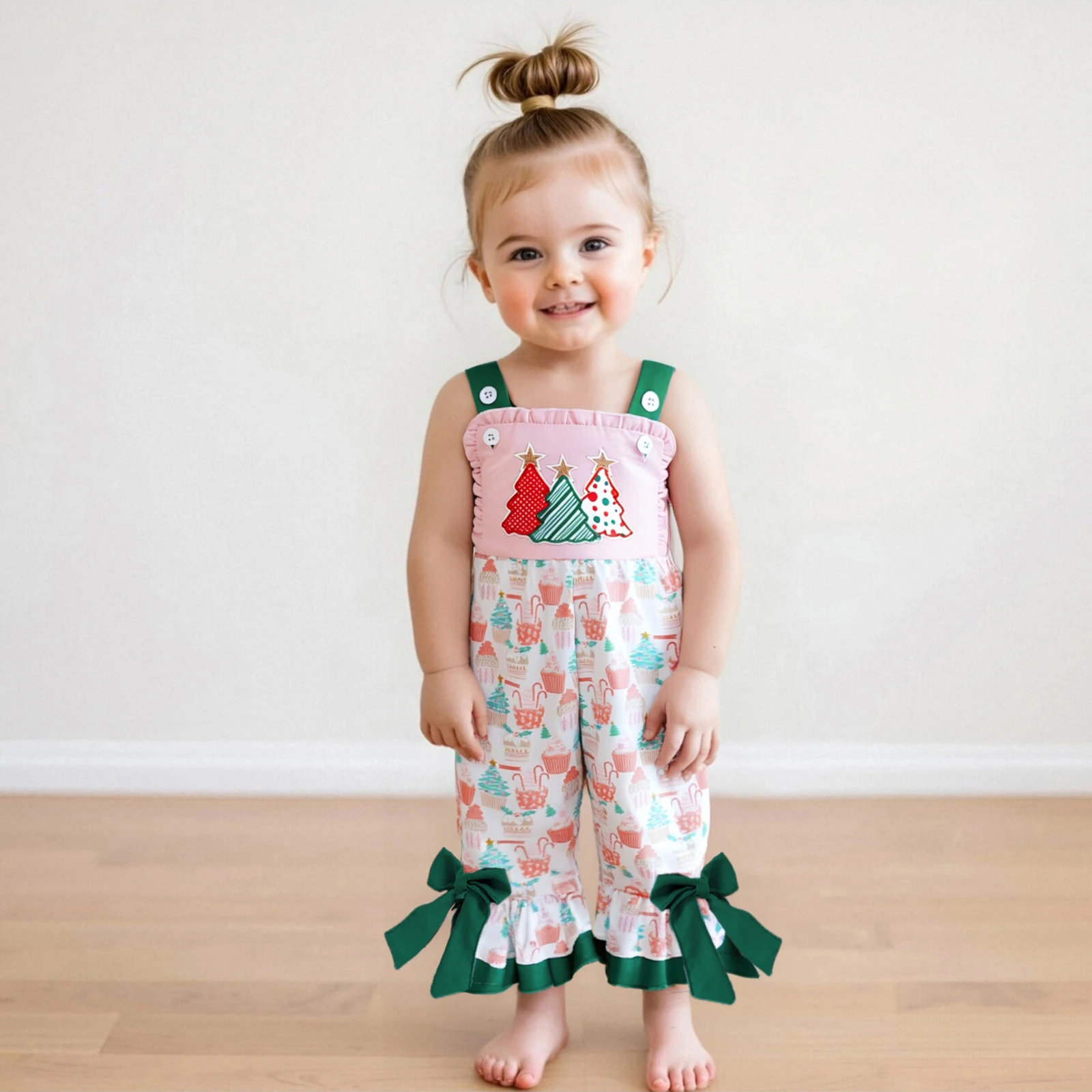 1-5Y Toddler Girl Xmas Outfits Cute Christmas Tree Embroidery Suspender Jumpsuit Sleeveless Bell Overalls Pants