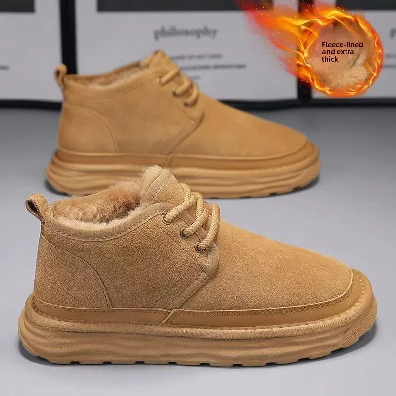 أحذية قطنية رجالية 2025 شتاء جديد الفراء والجلود المتكاملة الباردة واقية اصطف سميكة الدافئة مقاوم للماء أحذية الثلوج الرجالية