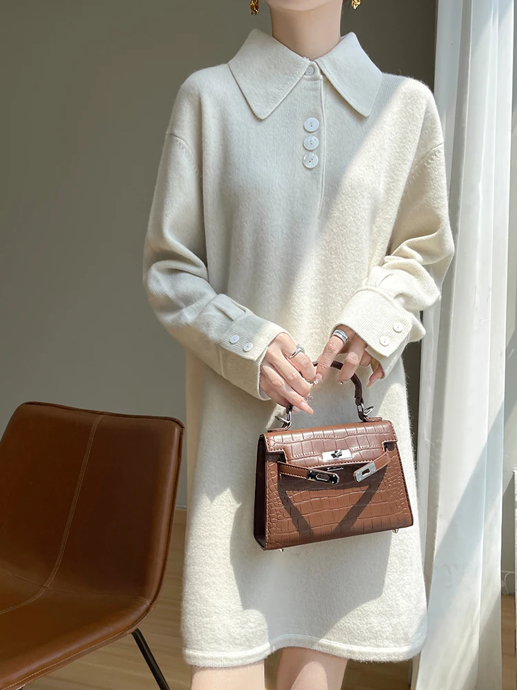 Abito da donna in cashmere maglione colletto POLO gonna pullover autunno inverno chic abito camicia manica lunga maglieria in lana australiana al 100%