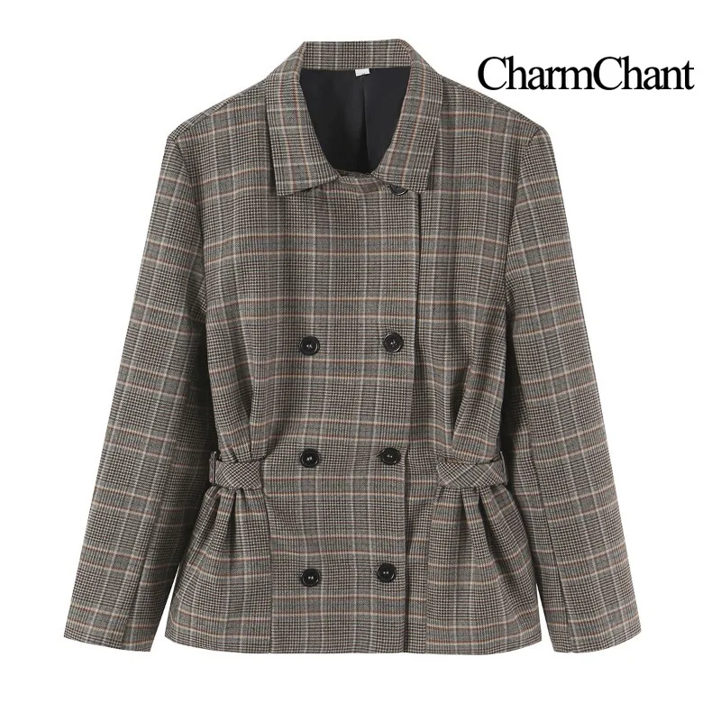 CHARMCHANT Women's Plaid Blazer Vintage Double-Breasted Pleated Waist Peplum Tweed Jacket Office Business Autumn Winter 2026
