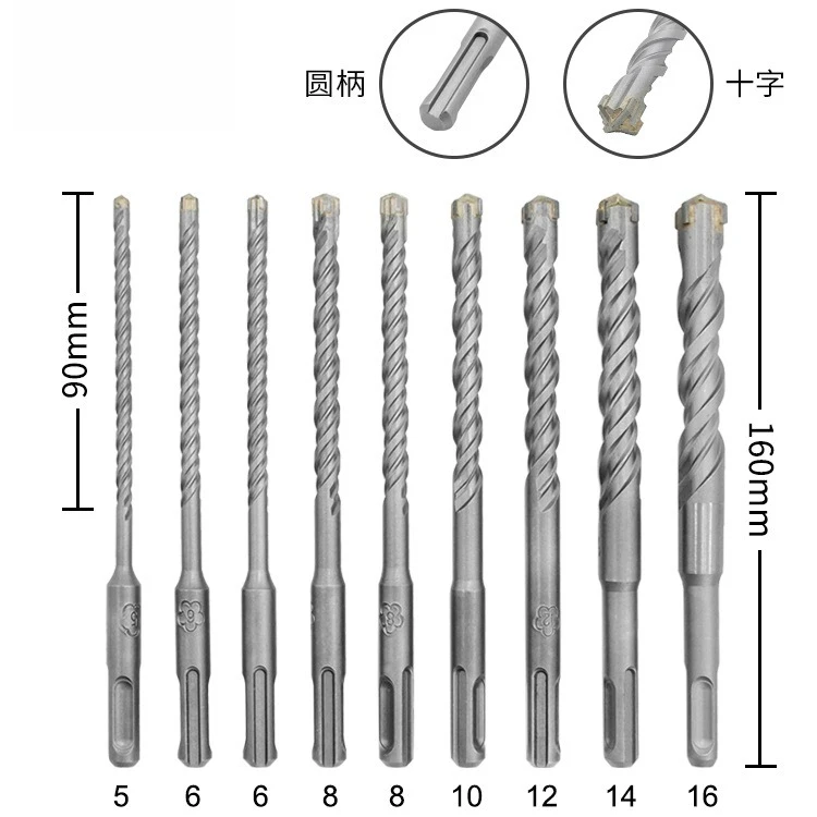 Round Shank Cross Hammer Drill Bit, Cemented Carbide Two-Groove Two-Recess Impact Drill Bit for Wall Drilling
