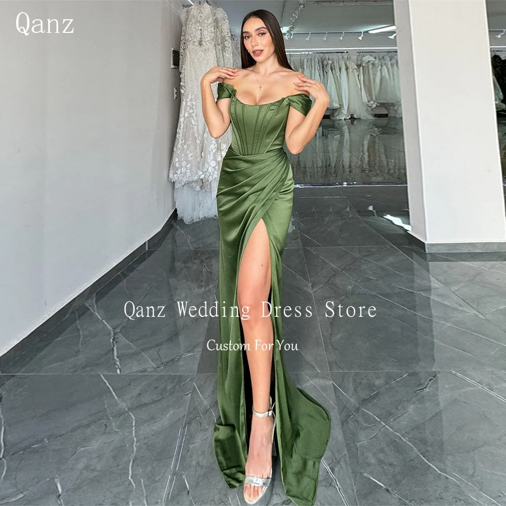 

Qanz Olive Green Satin Evening Dresses Off The Shoulder High Side Slit Mermaid Vestidos Para Mujer Sexy Prom Dress Customized