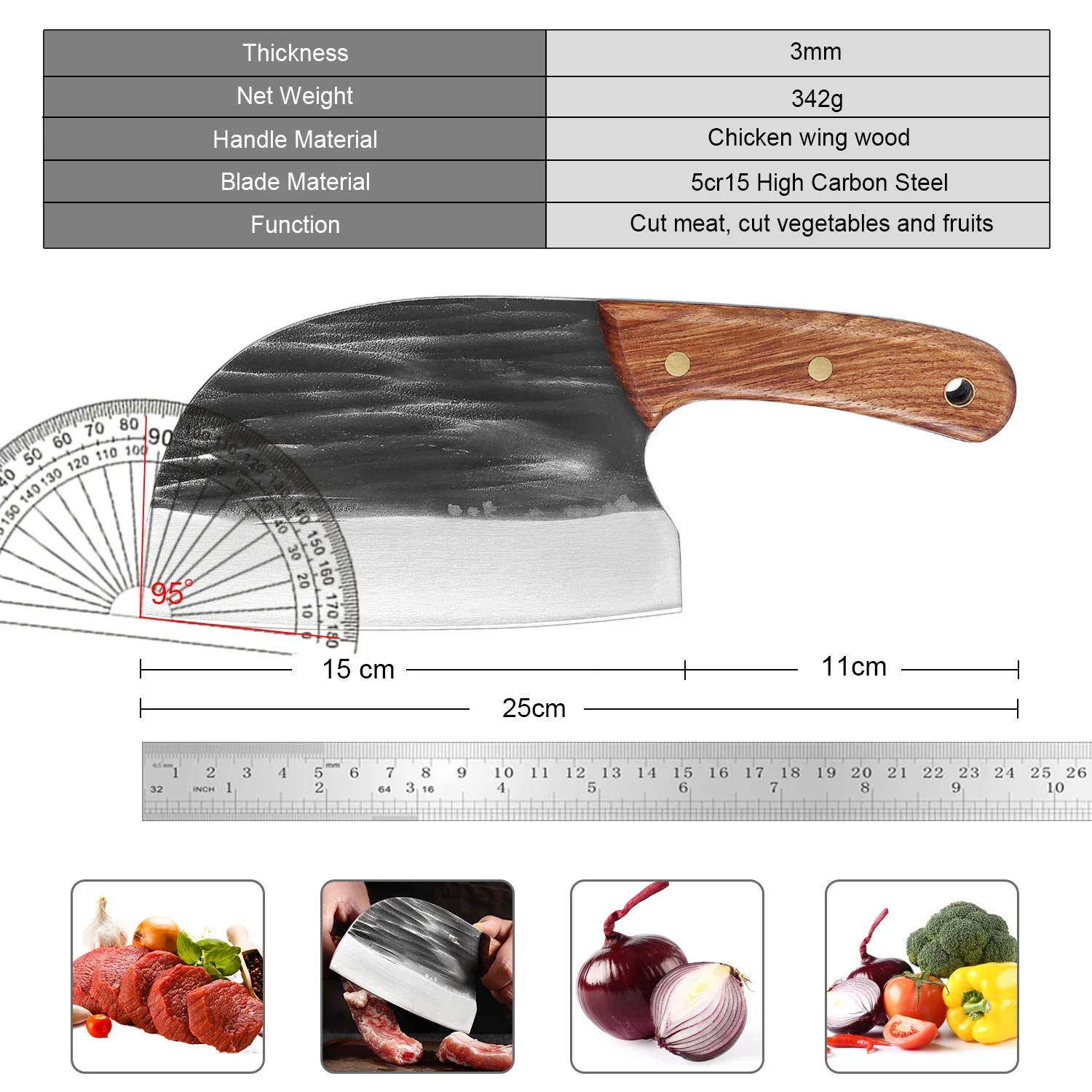 High-carbon Clad Steel Cleaver Knife Handmade Kitchen Knife Super Sharp Butcher Cutting Knife Wenge Wooden Handle for Meat, Fish