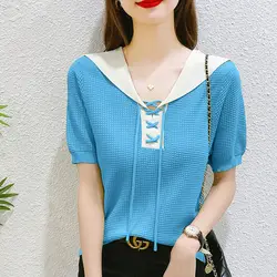 Women's Clothing Casual Sailor Collar Blouse Stylish Drawstring Short Sleeve Summer Solid Color Spliced Commute Knitted Shirt