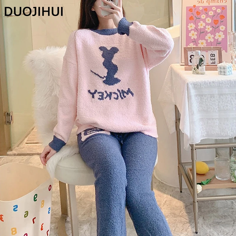 DUOJIHUI Chicly Letter Printing Spell Color Female Pajamas Set Winter Basic O-neck Pullover Loose Pant Fashion Pajamas for Women