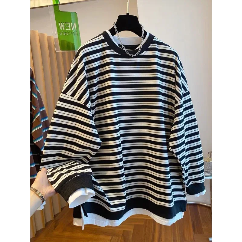 

Autumn New Temperament Pullover Long-sleeved Top Striped Fake Two-piece Sweatshirt Women's Loose