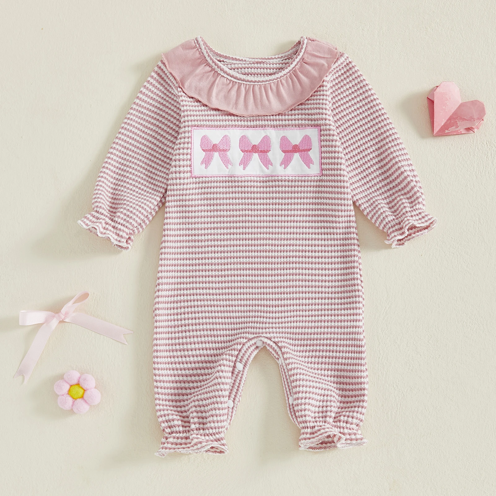

Lioraitiin Newborn Baby Girl Fall Romper Bow Print Striped Ruffled Trim Crew Neck Long Sleeve Jumpsuit