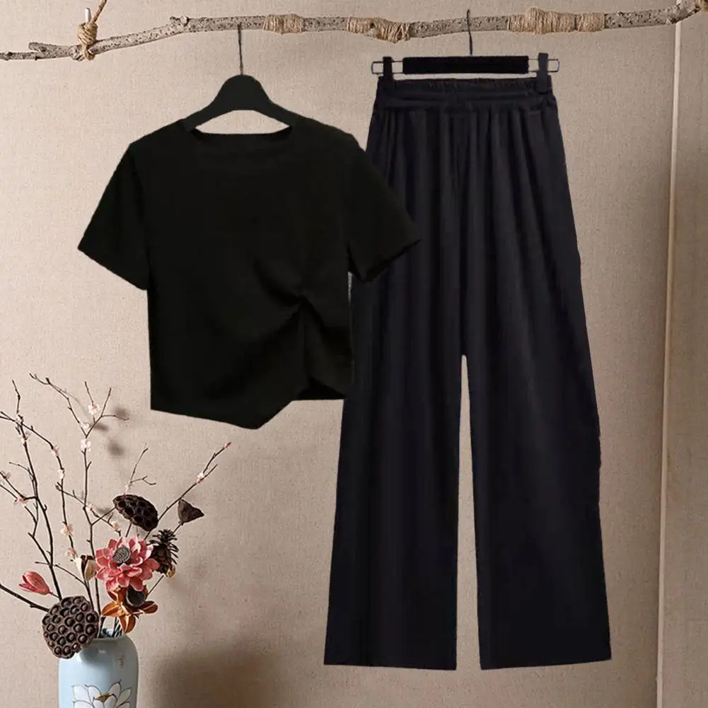 Women Tracksuit Women T-shirt Pants Set Casual Knot Decor Irregular Hem Outfit Wide Leg Young Style Female Tracksuit 80%