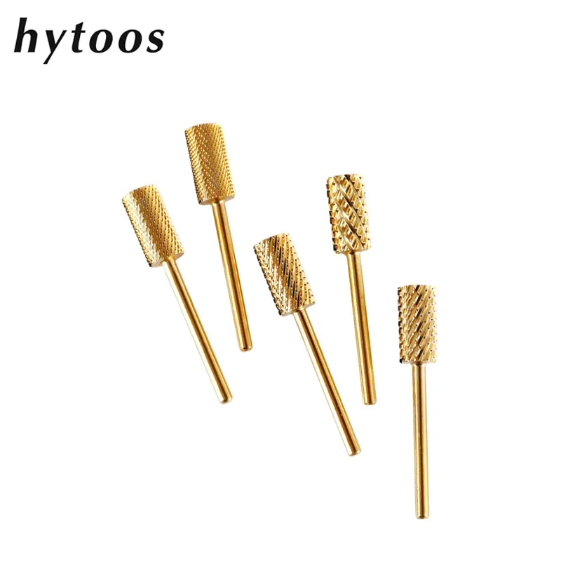 HYTOOS Gold Large Barrel Carbide Nail Drill Bits 3/32 Manicure Burr Remove Gel Electric Machine Drills Accessories Supplier