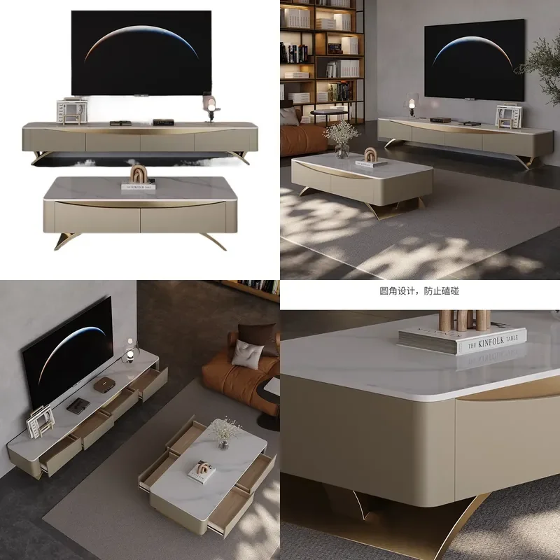 Modern Light Luxury Rock Slab Coffee Table and TV Cabinet Set Simple High End Living Room Furniture for Small Apartment