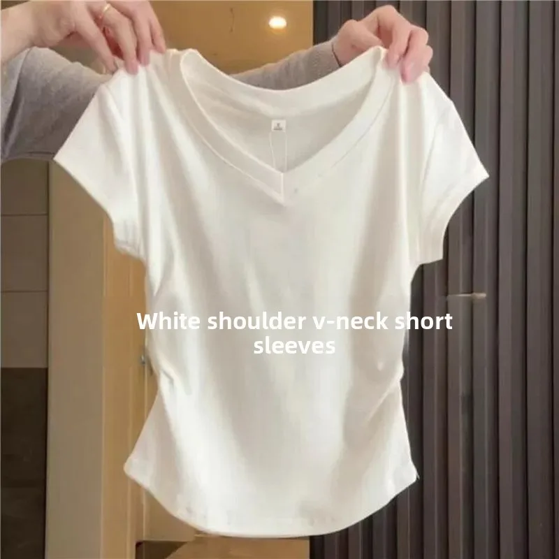 White V-Neck Short Sleeve T-Shirt Women's Summer New Style Waist-Cut Design High Waist Top Unique Style Not Repeating Pattern