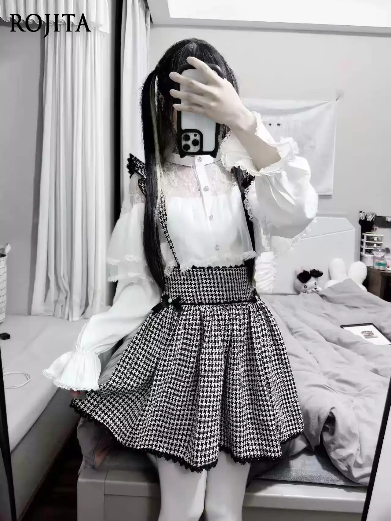 Japanese Sweet Cute Lace Petal Long Sleeved Chiffon Shirt Top Lolita Thousand Bird Grid High Waist Skirt White Suit Women