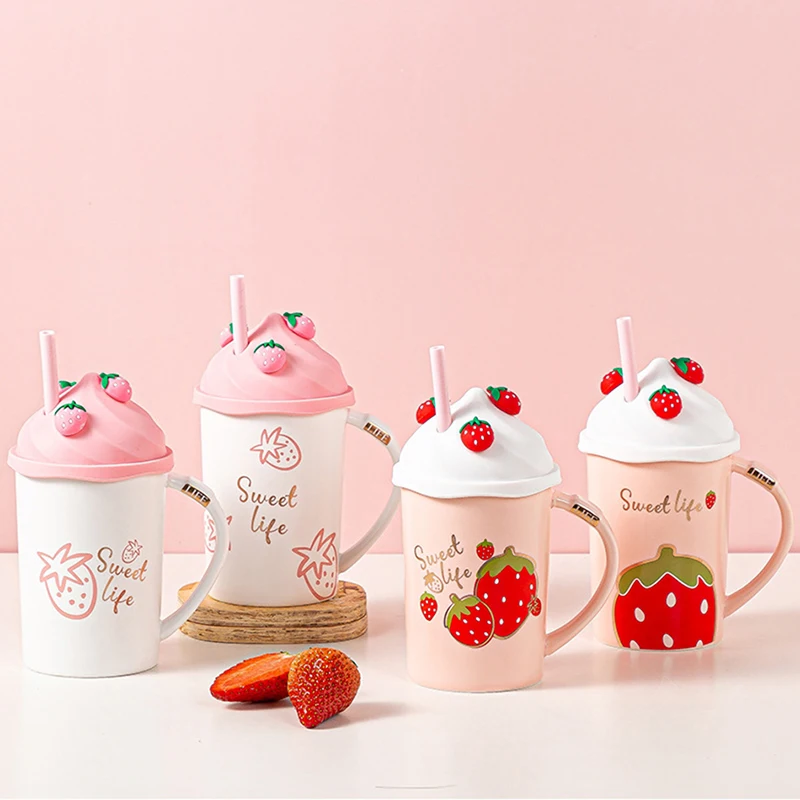 Kawaii Strawberry Ice Cream Mug Coffee Cup Cute Ceramic Tea Mug With Silicone Lid Adults Straw Student Girl Drink Water Cup