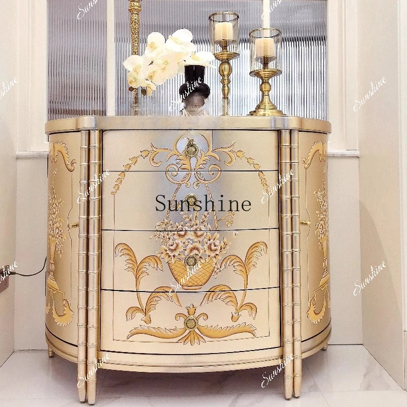 French light luxury solid wood hand-painted bucket cabinet European champagne silver foil porch decorative storageP
