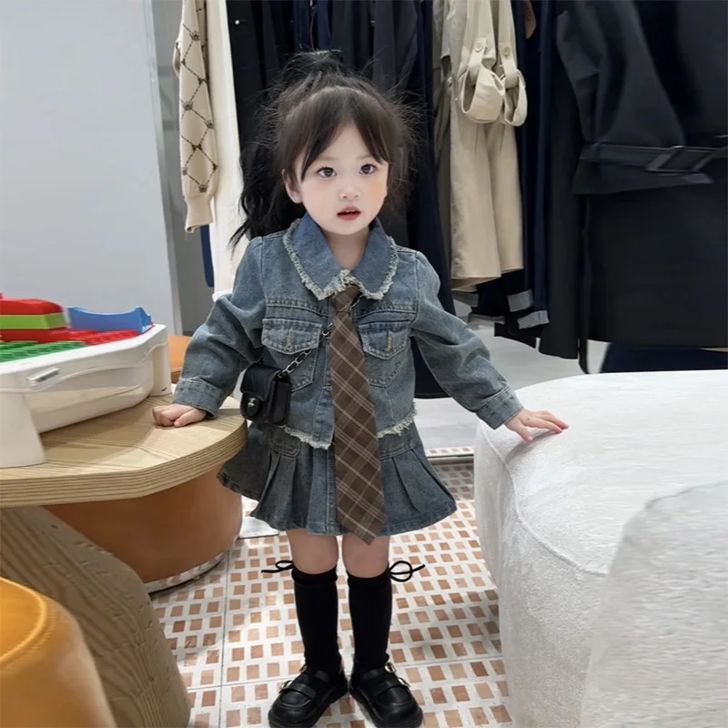 

2-7Y Spring Autumn Girls Sets Denim Suit Kids New Baby Girl Cowboy Coat+Short Skirt Two Piece Set