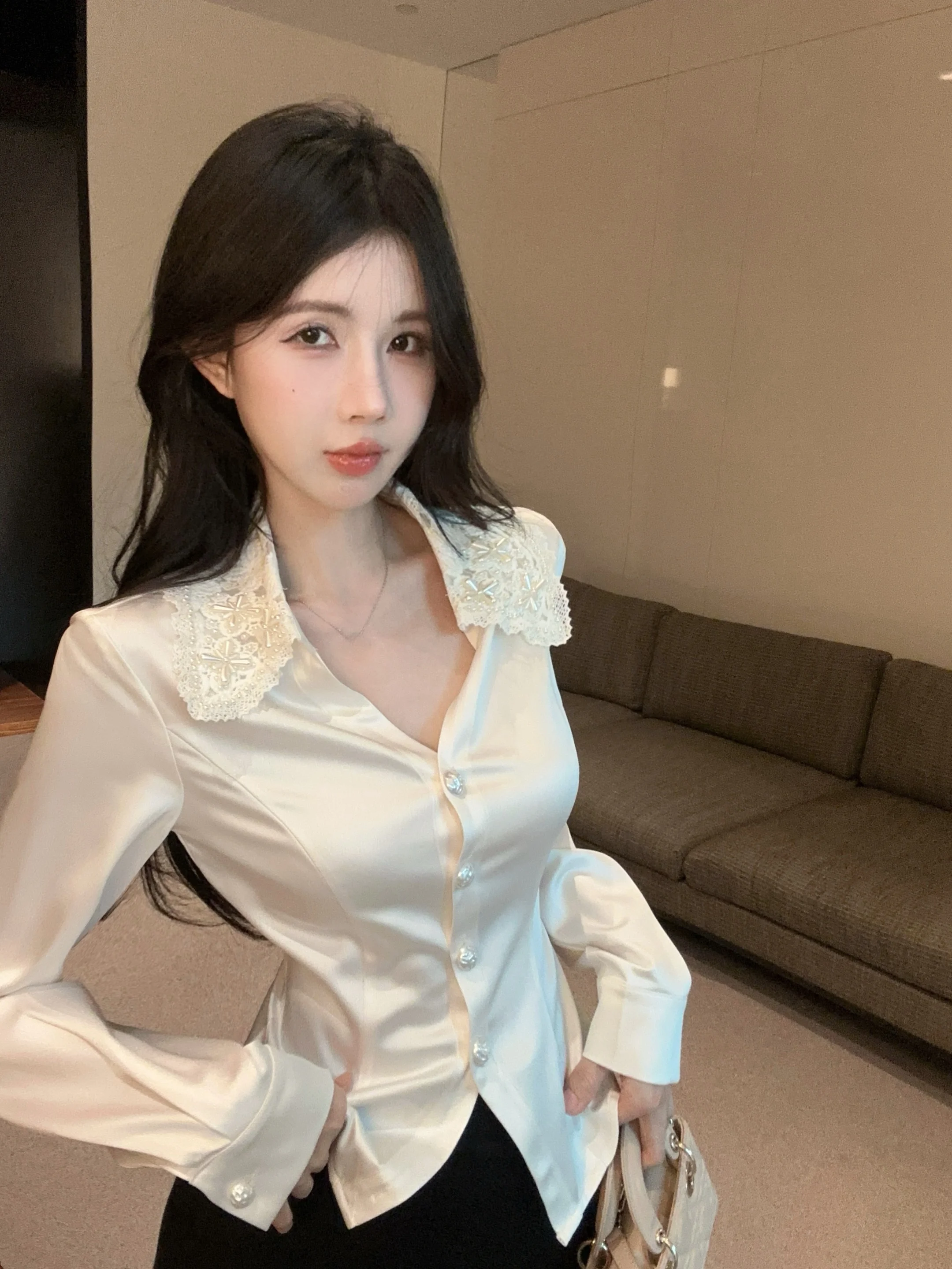 

Женская модная блузка с кружевным воротником и утягивающим эффектом на талии, дизайн Fibone, длинный рукав, корейский стиль, для офиса, весна 2026