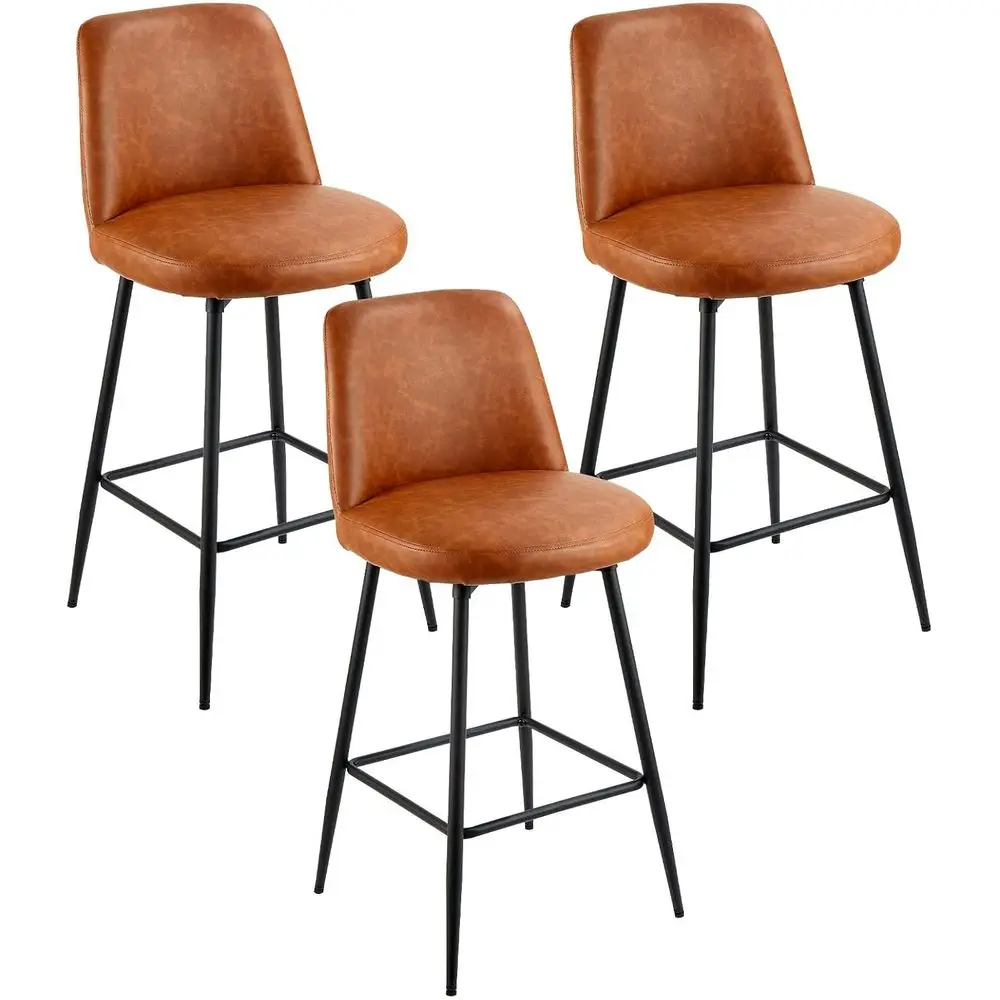 

Набор из 3 современных вращающихся барных стульев с сиденьями из искусственной кожи, металлическими ножками и спинками, подходят для кухни и столовой, коричневый цвет.