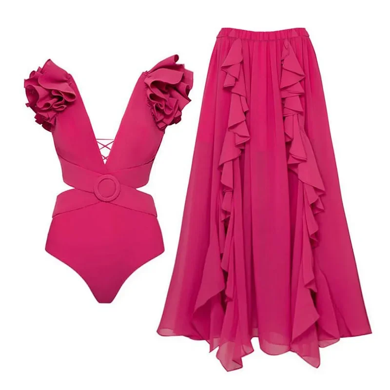 One-Piece Swimsuit Set for Women, Ruffled Off-Shoulder, Circular Ring Decorations, Paired with a Skirt