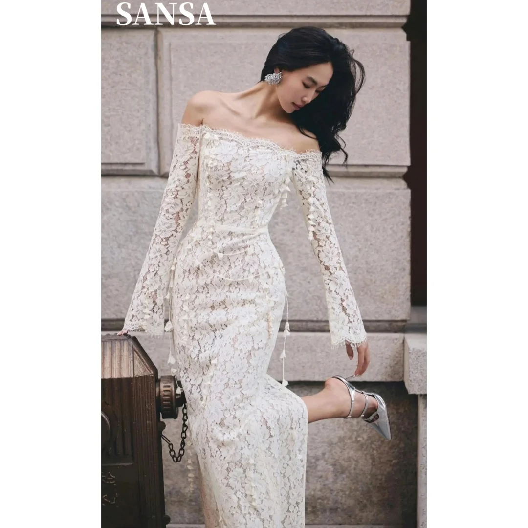 Sansa Customized Strapless Prom Dresses Lace Embroidery Long Sleeve Vestidos De Noche Sheath Waist Cinching Formal Evening 2026