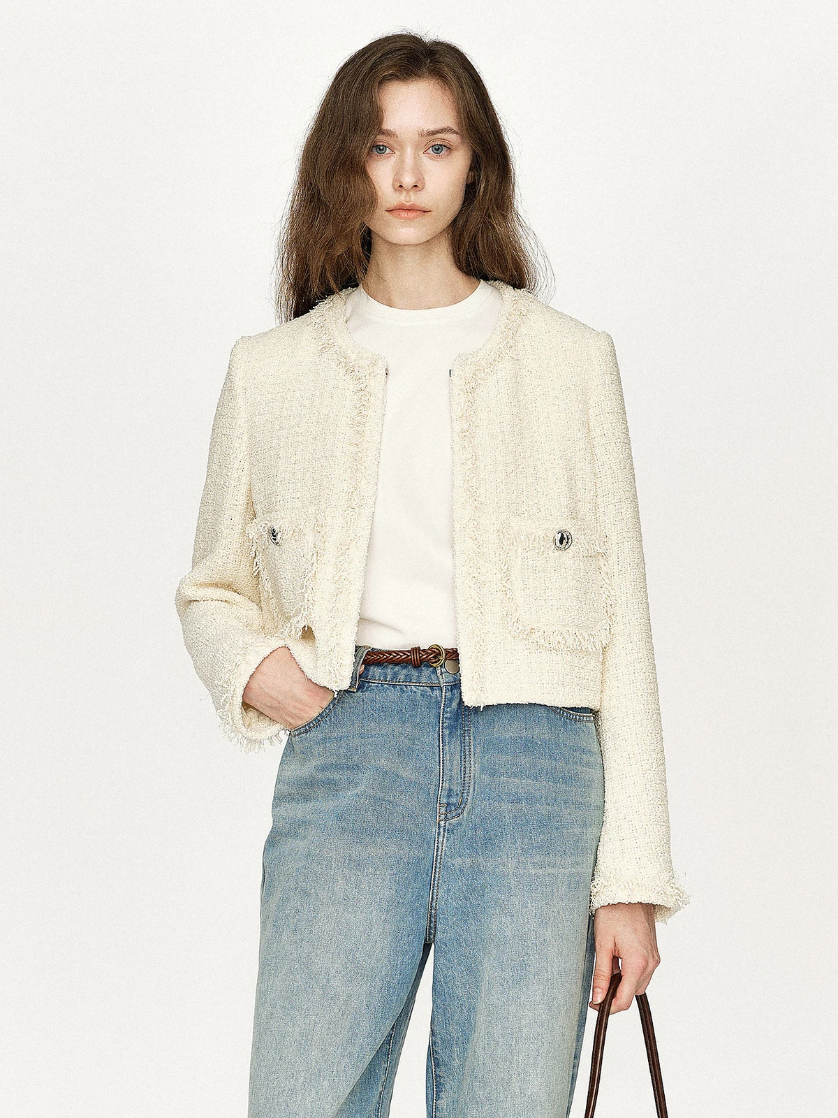 

Marllen Spring Commute Thi Tweed Jaet Gentle Fringe Soft Small Fraance Sle Женская верхняя одежда из полиэфирного волокна