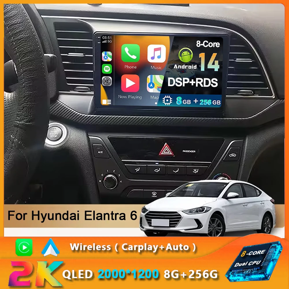 

2 Din Android 14 Car Radio For Hyundai Elantra 6 2016 2017 2018 Multimedia Player Navigation Carplay Audio Auto Speakers DVD