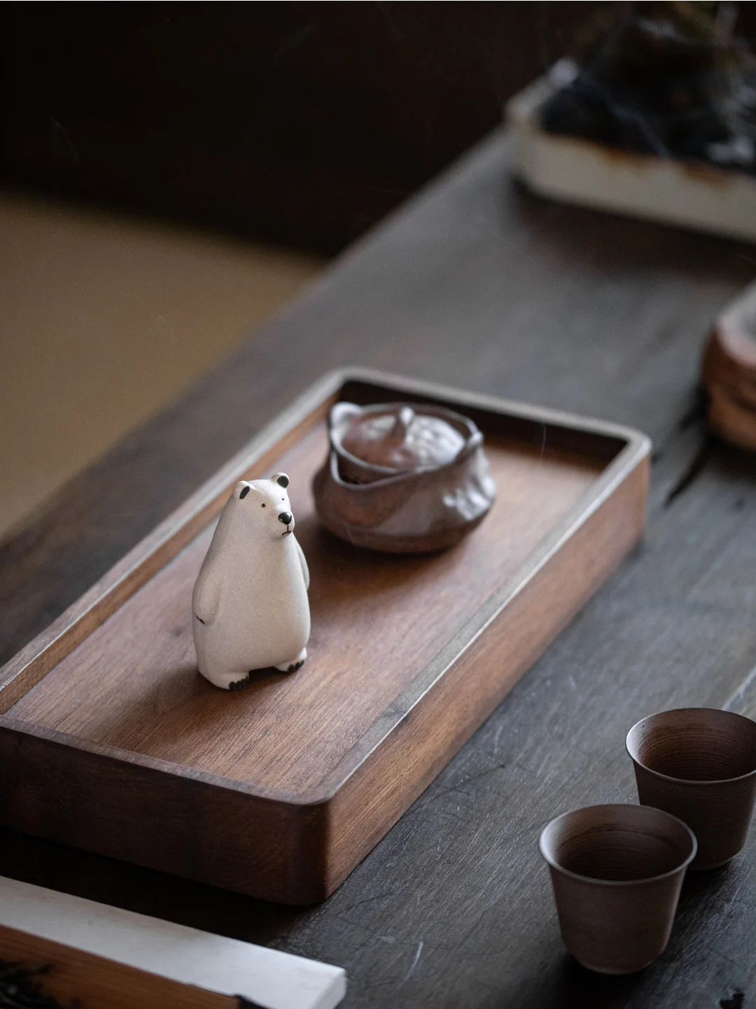 Handmade Purple Clay Tea Pet Decoration, Household Decoration Crafts, Cover Tray with White Clay Cute Bear Tea Play Pot Lid Tray