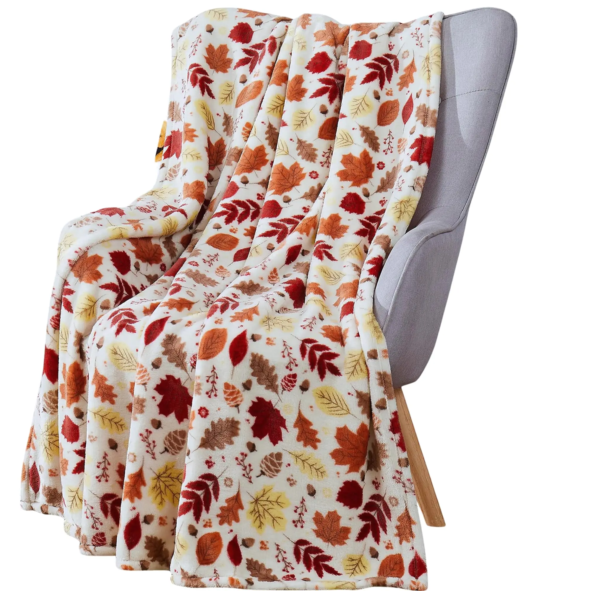 Soft Fleece Fall Leaves Throw Blanket, Vibrant Red Yellow Brown Beige Autumn Pattern Blanket for Couch Bedroom Seasonal Home