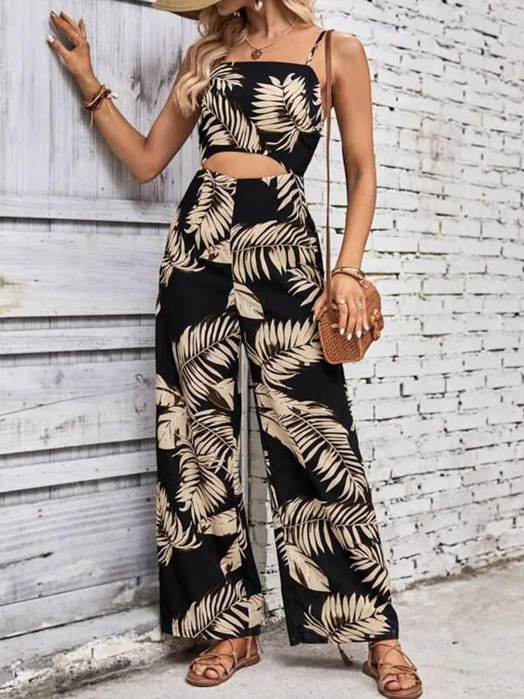 Elegant Long Jumpsuit Women Sexy Backless Wide Leg Jumpsuits Casual Sleeveless Hollow Out Floral Rompers Woman 2024 Summer New