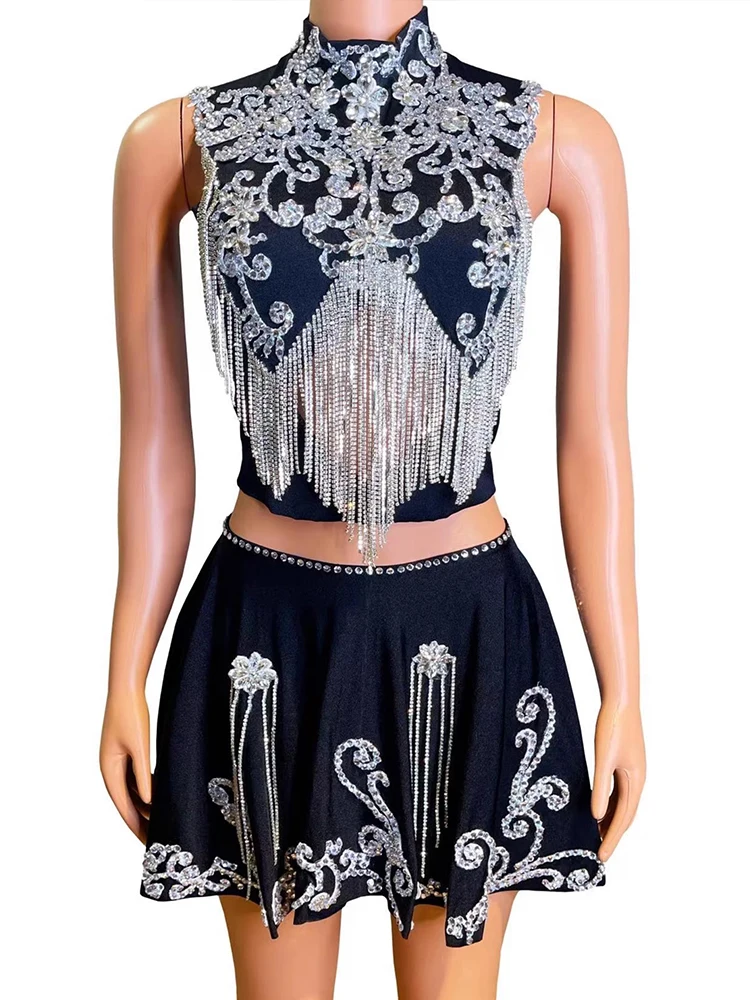 Hoge kwaliteit strass kwastje korte top + halve rok tweedelige set 2025, nieuwe mode aangepaste dameskleding