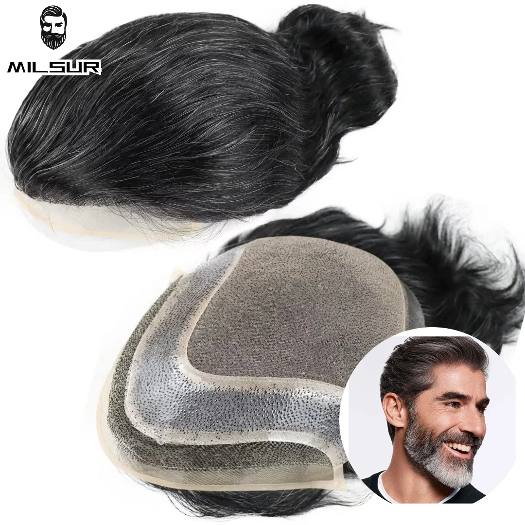 Natural Hairline Men Toupee Human Hair Replacement System Unit Wigs For Man Lace Mono And PU Male Hair Prosthesis Lace Front Wig