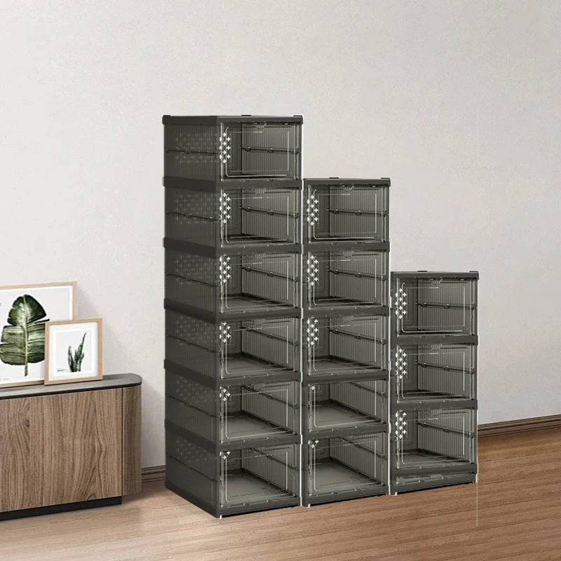 3 Door Grey Plastic Folding Shoe Box Stackable Free Standing Shoe Rack Resistant to Heavy Pressure Breathable Visible Shoe Box.