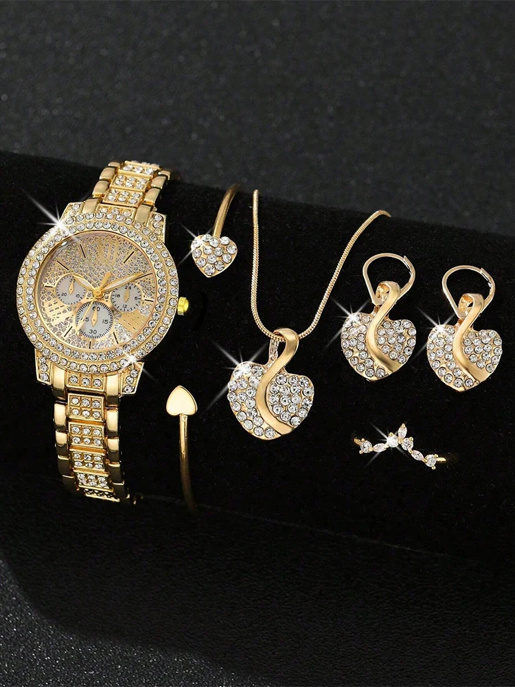 Relógio de quartzo feminino ouro luxo feminino anel colar brinco strass moda relógio de pulso casual