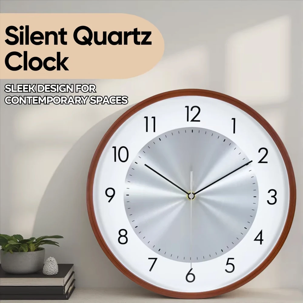 Vintage Round Silent Wall Clock Imitation Wood Grain Dial Tempered Glass Cover Clock for Living Room Bedroom Kitchen Office Gift