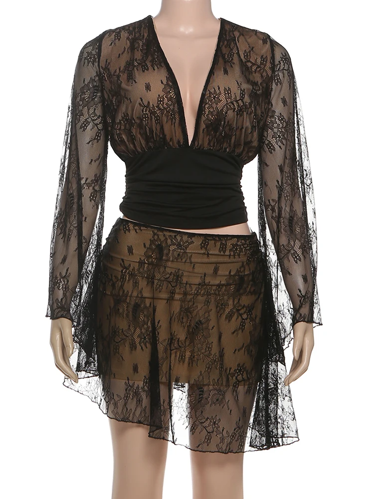Nibber Fashion Set 2 Potong Wanita Seksi dengan Detail Renda dan Patchwork, Atasan Lengan Panjang Model Kerut di Pinggang + Rok Mini Asimetris, Pakaian Gaya Jalanan